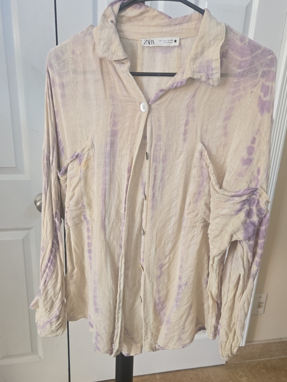 Zara Cream and Lilac Tie-Dye Button Down Shirt